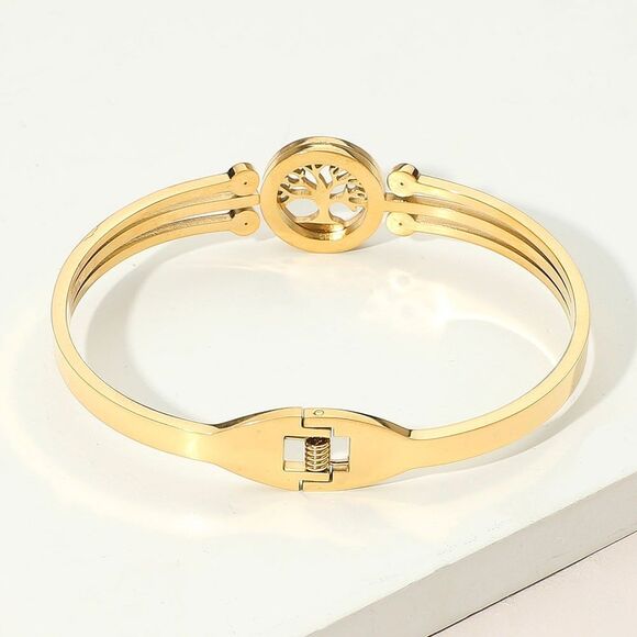 2pc Tree of Life Bangle Set CZ Accent Stainless Steel Gold Silver Tone Jewelry - Picture 4 of 5